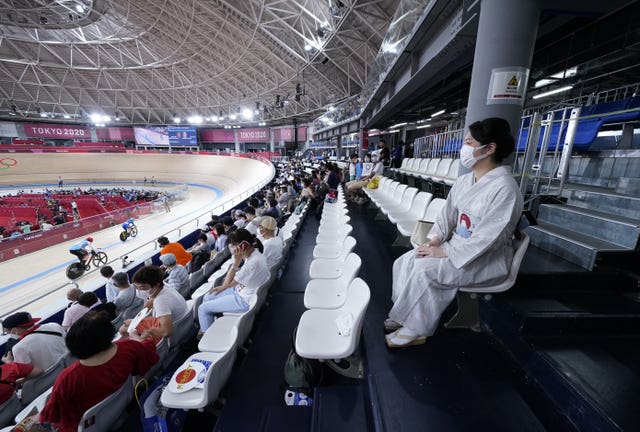 Spectators in the stands at the Izu Velodrome during the Tokyo 2020 Olympic Games