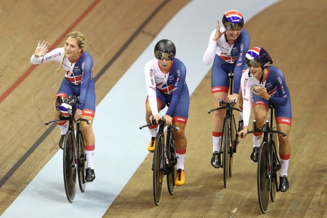 Laura Kenny, left, and Great Britain's team pursuit team