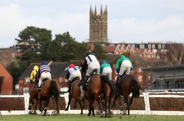 Givega (left) was one of the runners in action during The Ballymore Leamington Novices’ Hurdle at Warwick 