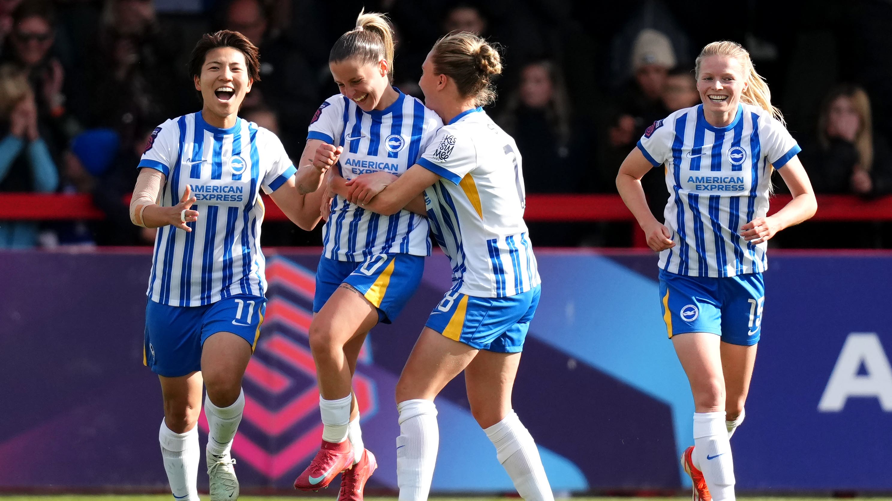 Jelena Cankovic, second left, struck either side of half-time as Brighton saw off Arsenal (John Walton/PA)