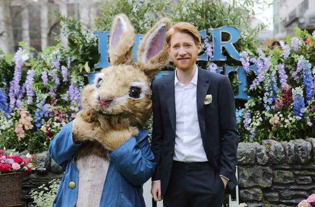 Domhnall Gleeson with a familiar figure, attending the Peter Rabbit UK Gala Premiere at Vue West End in Leicester Square (Rick Findler/PA)