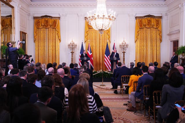 US President Donald Trump and Prime Minister Sir Keir Starmer hold a joint press conference in the East Room at the White House in Washington DC after their meeting in the Oval Office