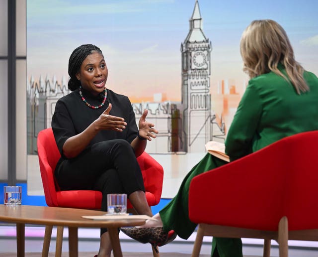 Kemi Badenoch, left, speaking while sitting opposite Laura Kuenssberg in a TV studio