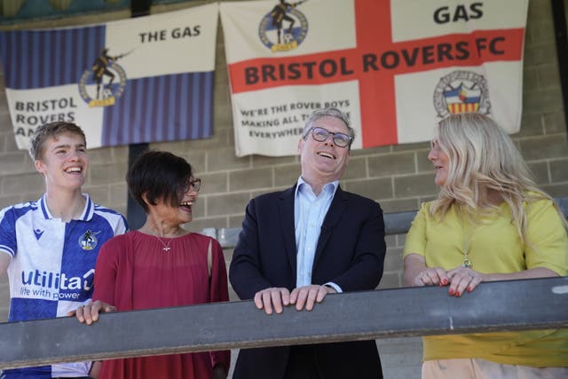 Labour Party leader Sir Keir Starmer with Thangam Debbonaire (second left) during a visit to Bristol Rovers FC while on the General Election campaign trail