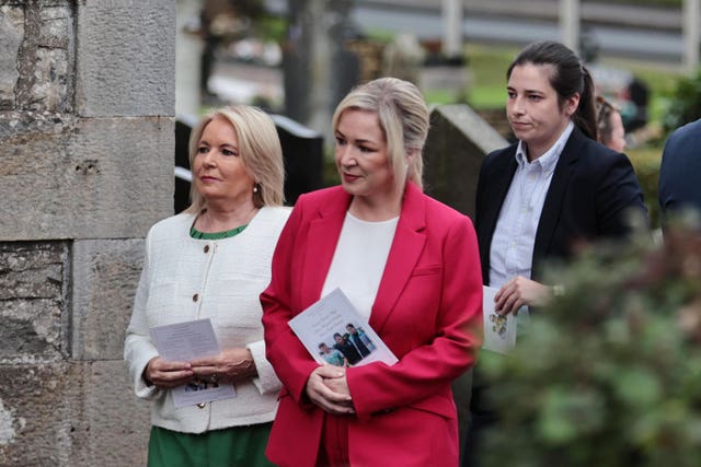 (l to r) Fermanagh and South Tyrone MP Pat Cullen, First Minister Michelle O’Neill and Aine Murphy MLA arriving for the service