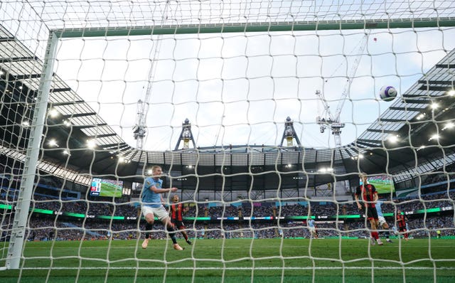 Manchester City’s Kevin De Bruyne hits the bar against Bournemouth with the goal wide open