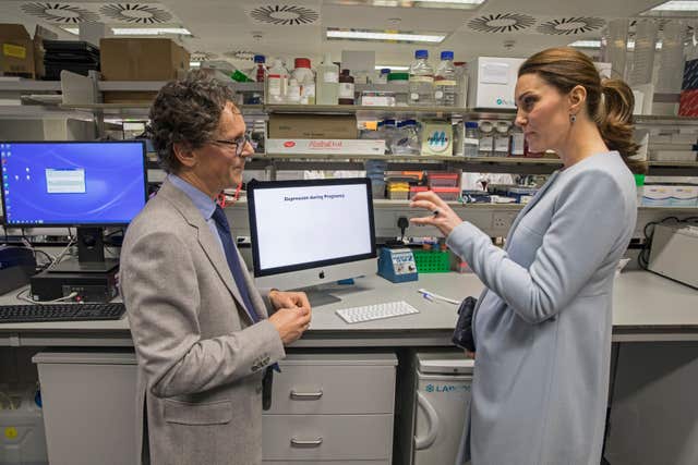 The Duchess of Cambridge speaks to Professor Carmine Pariante head of Biological Psychiatry (Jack Hill/The Times/PA)