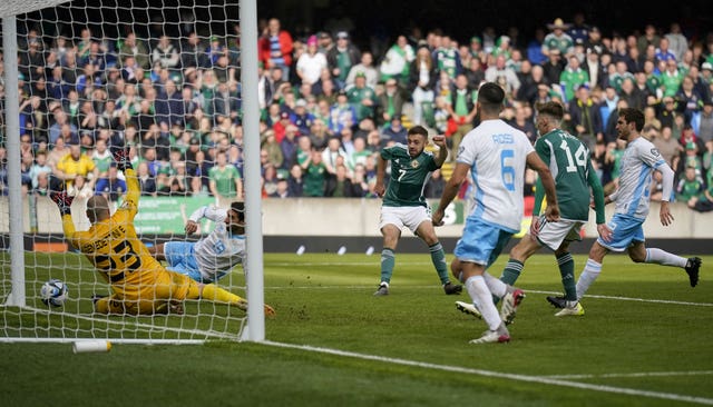 Northern Ireland’s Conor McMenamin (fourth right) scores his first international goal 