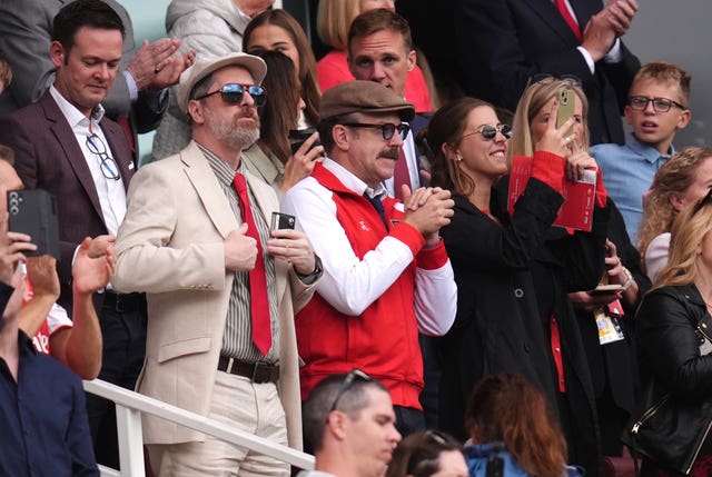 Jason Sudeikis in the stands with Brendan Hunt during the Premier League match between Arsenal and Nottingham Forest at the Emirates Stadium
