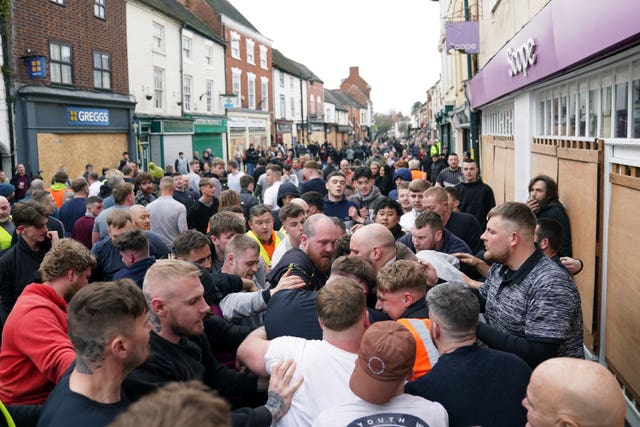 Players take part in the Atherstone Ball Game in Atherstone, Warwickshire