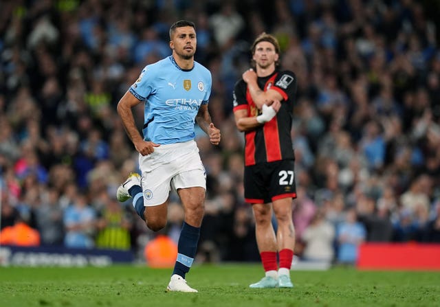 Manchester City’s Rodri runs on to the pitch as a substitute against Bournemouth