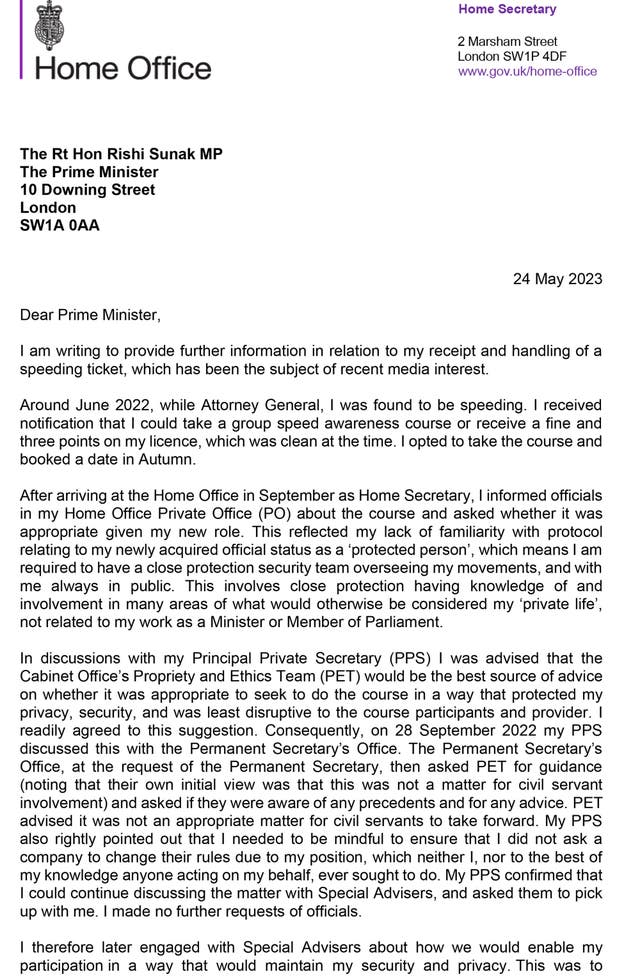 A letter from Home Secretary Suella Braverman to Prime Minister Rishi Sunak about her speeding ticket 
