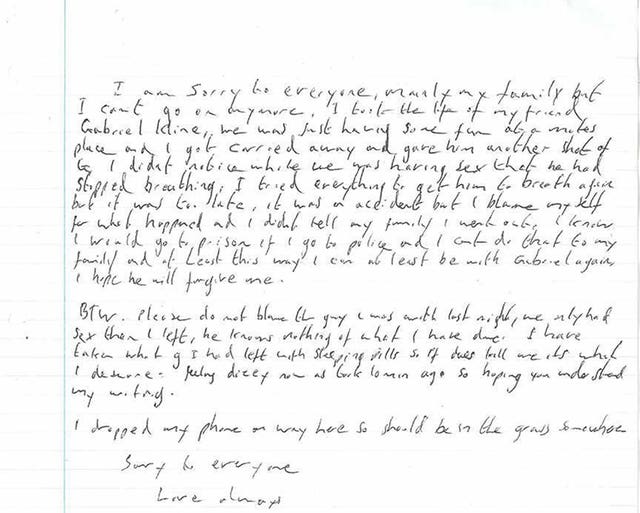 The fake suicide note left with Mr Whitworth's body