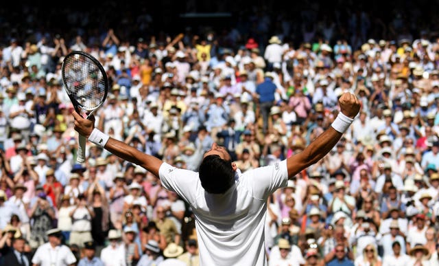 Novak Djokovic celebrates in front of the Wimbledon crowd