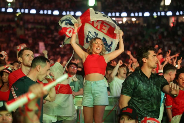 England fans celebrate during the Uefa Euro 2024 final between Spain and England