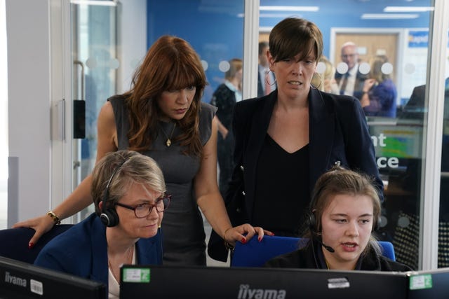 Home Secretary Yvette Cooper (front left), safeguarding minister Jess Phillips (back right) and counsellor and campaigner Nour Norris (back left) meet 999 control handlers during a visit to Kent Police’s Coldharbour Police Complex in Aylesford, Kent