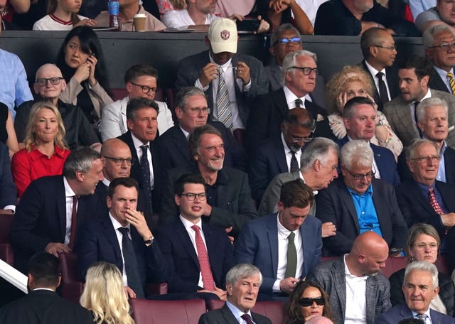 Lord Sebastian Coe, Sir Jim Ratcliffe and Labour leader Sir Keir Starmer in the stands at Old Trafford