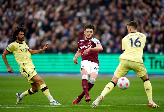 Declan Rice, centre, has an attempt on goal for West Ham