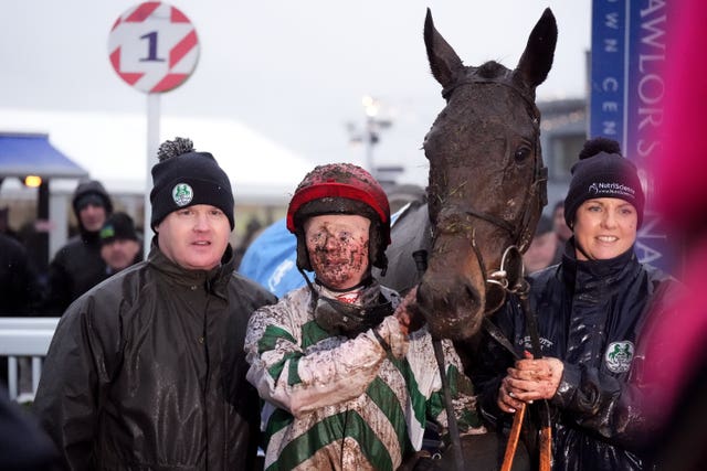 Jockey Sam Ewing and trainer Gordon Elliott with The Yellow Clay at Naas