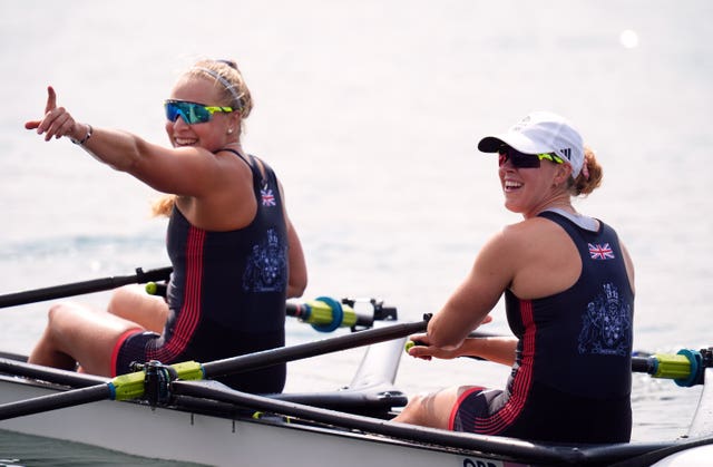 Great Britain’s Mathilda Hodgkins Byrne and Becky Wilde celebrate their silver medal in the women's double sculls at Paris 2024 