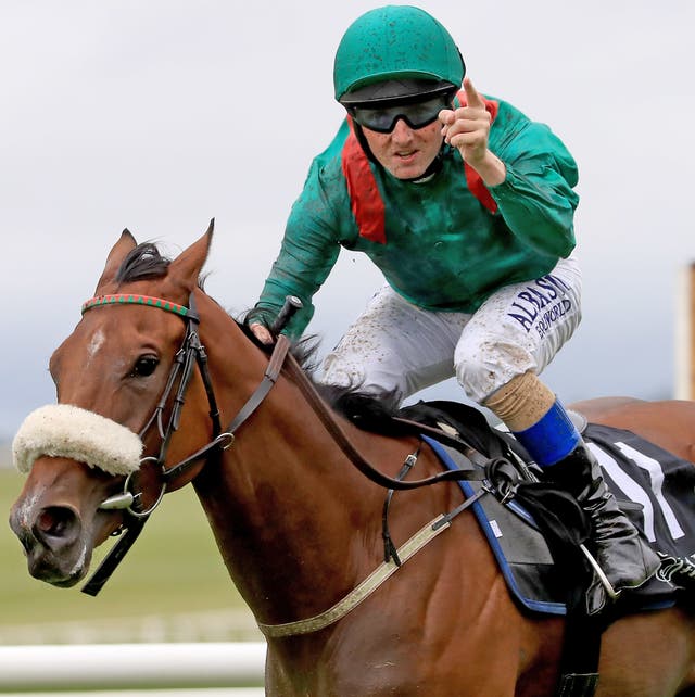 Chris Hayes celebrates winning the Moyglare Stud Stakes on Tahiyra