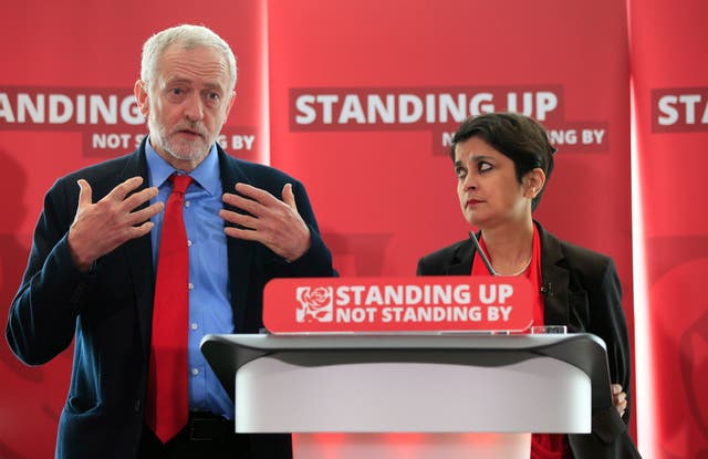 Jeremy Corbyn at the launch of the anti-Semtism report with Baroness Chakrabarti (Jonathan Brady/PA)