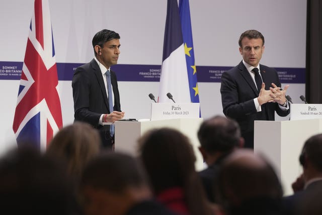 Rishi Sunak (left) and President Emmanuel Macron hold a joint press conference at Elysee Palace 