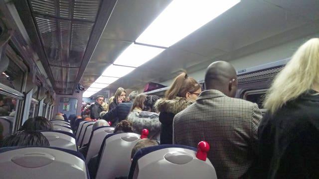 The aisle of the crowded 1632 train from Sheffield to Doncaster