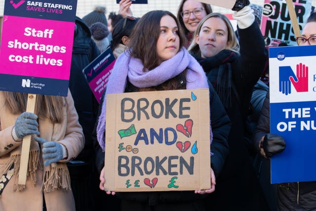 Members of the Royal College of Nursing on the picket line outside St Thomas’ Hospital in London on Thursday 