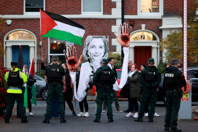 A protest outside Queen’s University Belfast during Hillary Clinton's visit