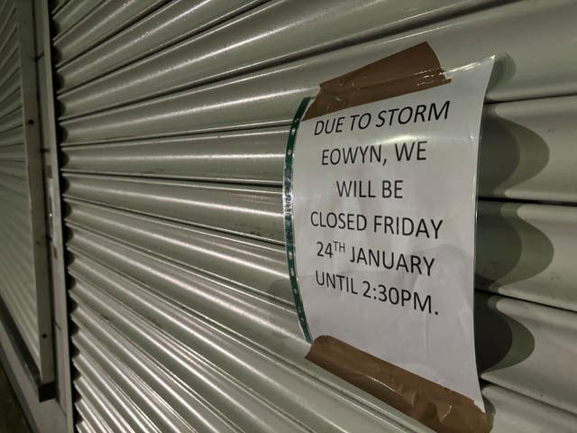 Preparations are underway in the town of Donaghadee on the Co Down coast line with sandbags at shop doors and signs up on shops ahead of Storm Eowyn 