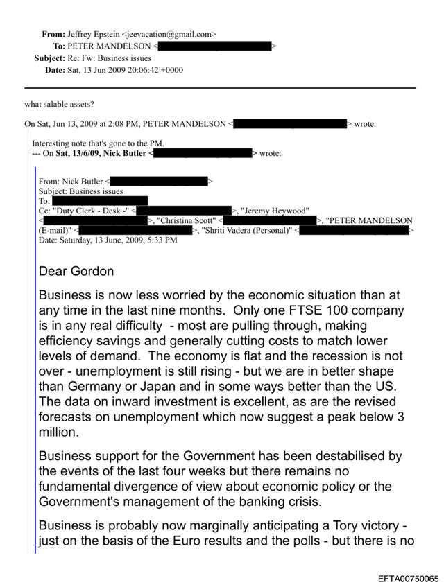 A message apparently from Lord Mandelson to Jeffrey Epstein