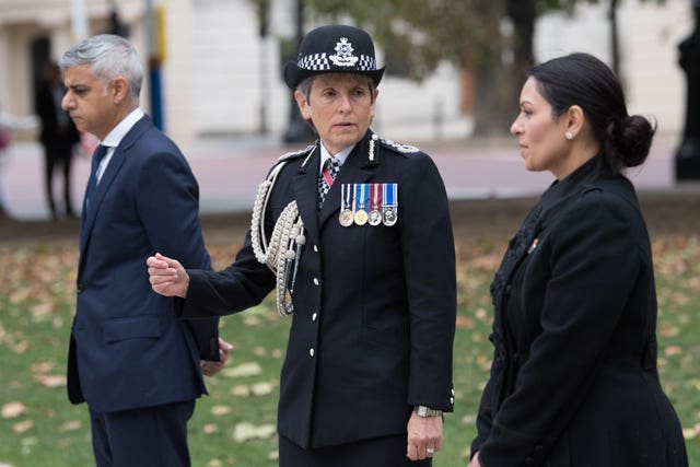 Dame Cressida Dick, with Home Secretary Priti Patel and London Mayor Sadiq Khan 