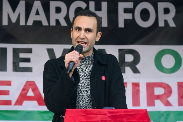 Khalid Abdalla speaking at pro-Palestine protest