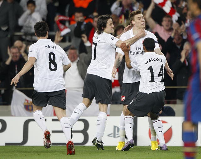 Nicklas Bendtner, second right, briefly put Arsenal ahead at the Nou Camp