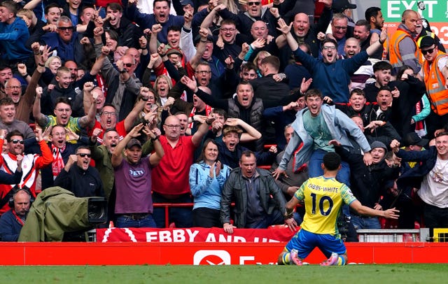 Nottingham Forest’s Morgan Gibbs-White celebrates at Anfield 