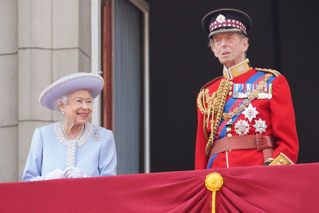 The late Queen and the Duke of Kent on the Buckingham Palace balcony during the Platinum Jubilee