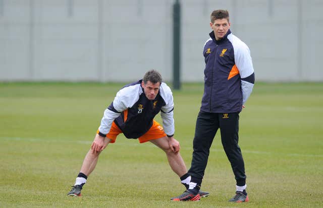 Steven Gerrard and Jamie Carragher (left) during a Liverpool training session