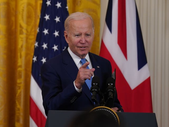 US President Joe Biden during a joint press conference with Prime Minister Rishi Sunak, in the East Room at the White House