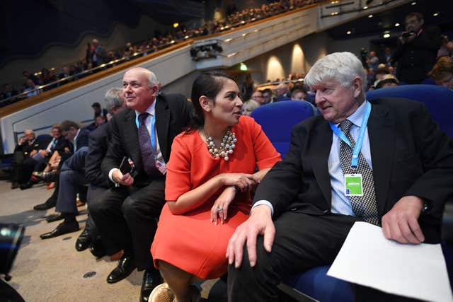 Iain Duncan Smith, Priti Patel and Stanley Johnson were on the front row for Boris Johnson's call to 'chuck Chequers' (Stefan Rousseau/PA)
