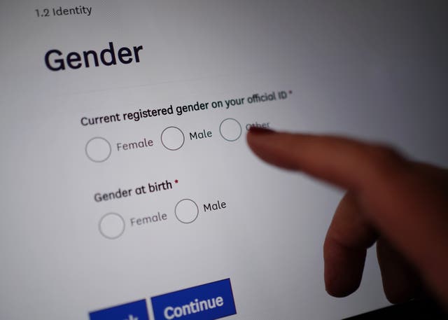 An online questionnaire providing the options of female, male or other when asking the gender of a user (Yui Mok/PA)