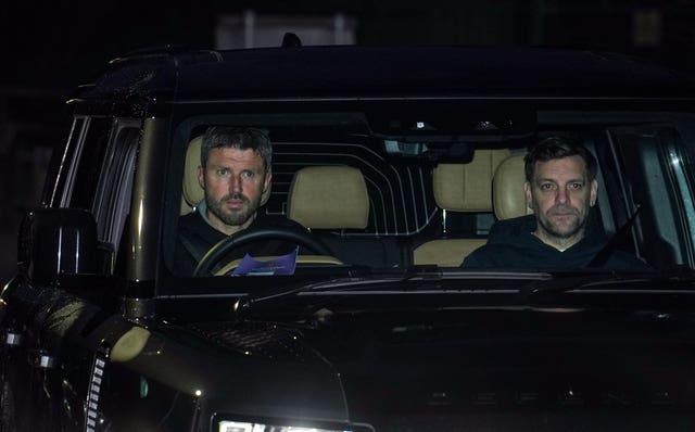 Manchester United head coach Michael Carrick, left, and coach Jonathan Woodgate arriving at the club's training ground on Wednesday morning
