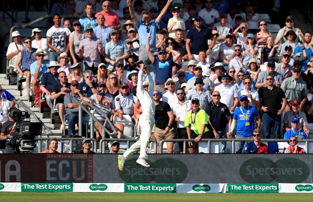 Marnus Labuschagne can't take the catch which would have ended the game as Ben Stokes hits another six 