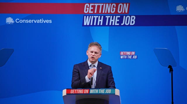 Transport Secretary Grant Shapps speaking during the Conservative Party spring forum in Blackpool, England, on March 19, 2022. (Peter Byrne/PA Media)