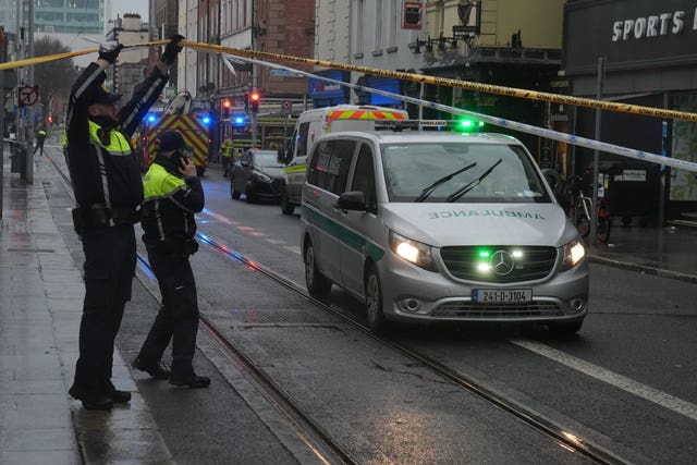 A private ambulance leaves the scene on Talbot Street