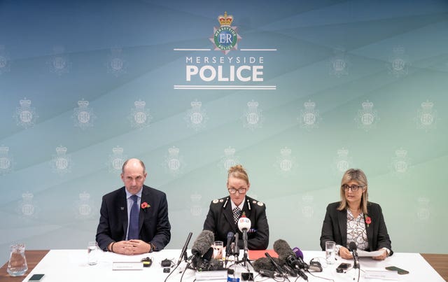 Professor Tim Atkins, Merseyside Police Chief Constable Serena Kennedy, and Dr Renu Bindra give an update into the investigation into the murders of six-year-old Bebe King, seven-year-old Elsie Dot Stancombe and nine-year-old Alice Dasilva Aguiar, and the attempted murders of eight children and two adults in Southport on July 29, at Merseyside Police headquarters, Liverpool