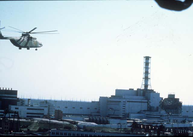 A helicopter over the Chernobyl nuclear power plant in 1986