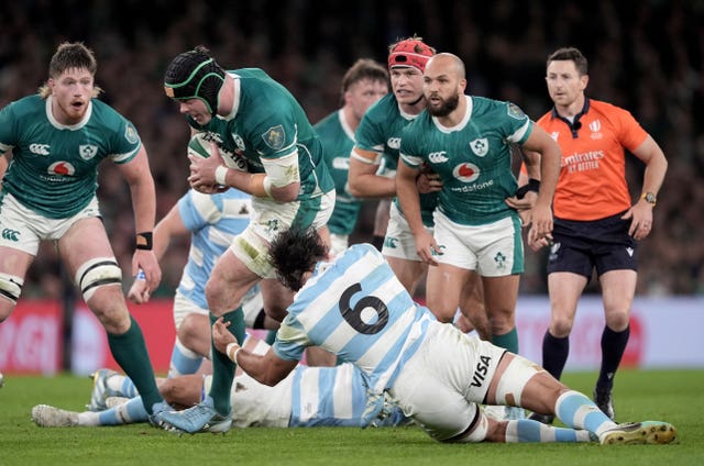 Ireland’s James Ryan, centre left, is tackled by Argentina’s Pablo Matera, centre right