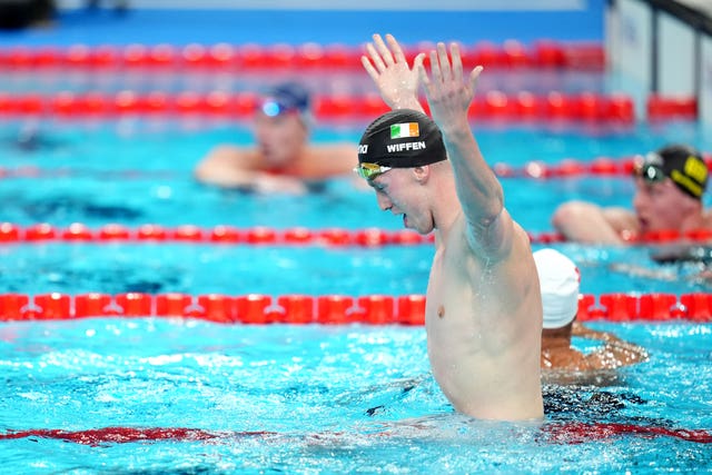 Ireland’s Daniel Wiffen celebrates after winning the men’s 800m freestyle final at the Paris La Defense Arena on the fourth day of the 2024 Paris Olympic Games in France