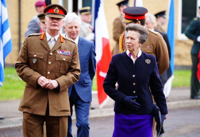 The Princess Royal arrives at the headquarters of the Allied Rapid Reaction Corps at Imjin Barracks, Innsworth, Gloucester (Ben Birchall/PA)